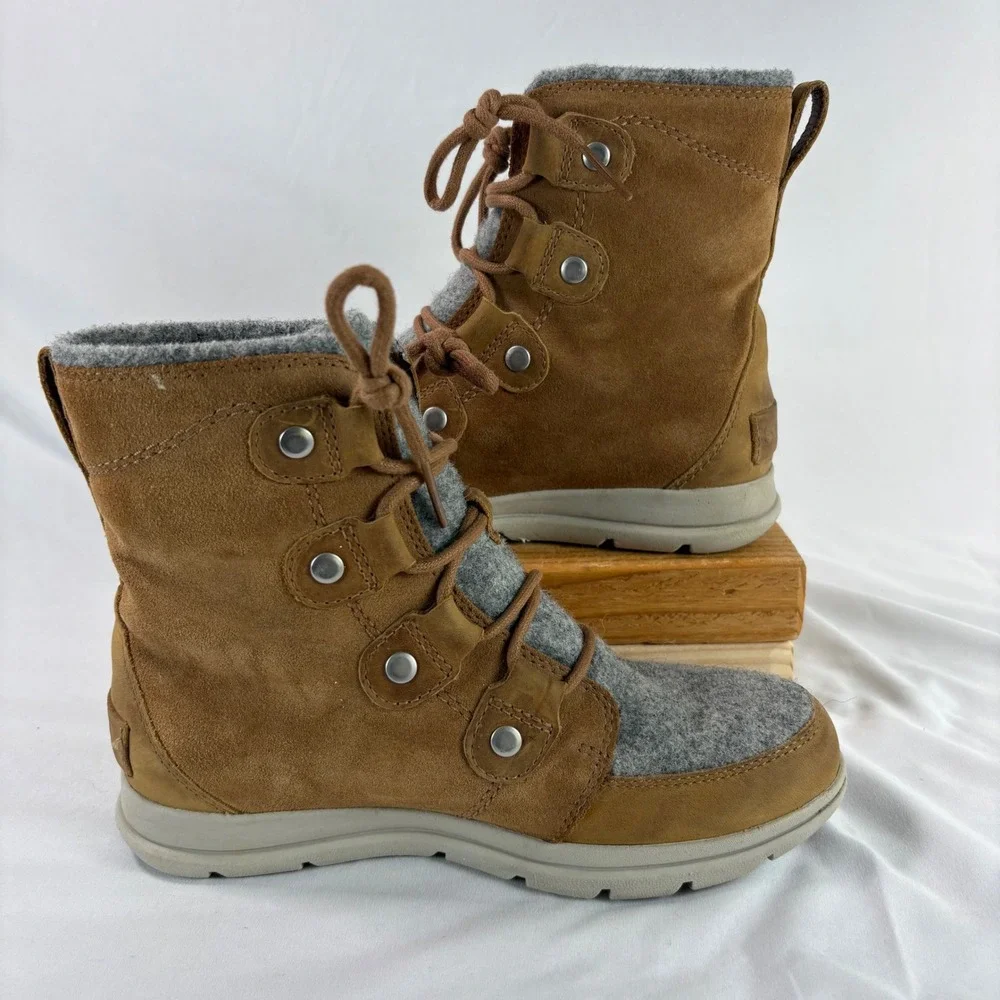 Sorel‎ Explorer Joan Boots Womens 7 Waterproof Winter Camel Brown Suede Wool